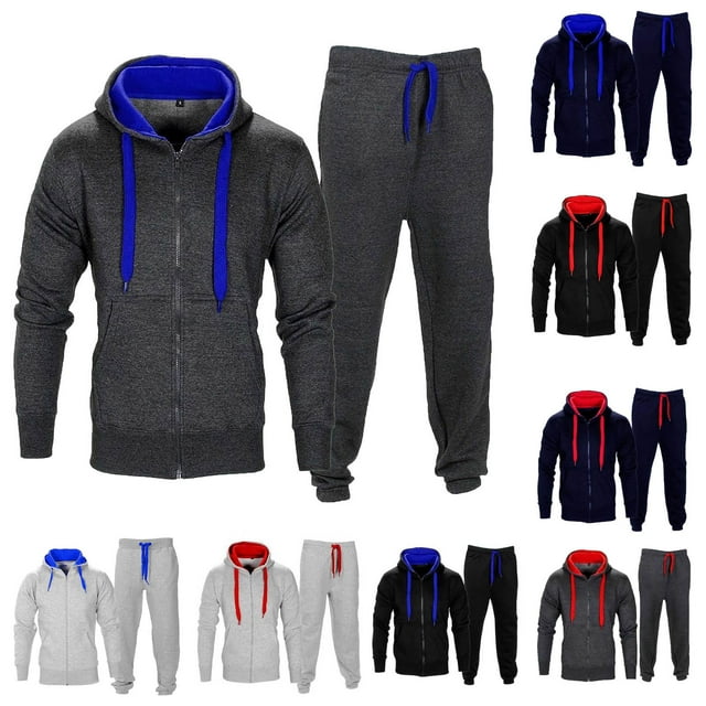 Men Casual Solid Drawstring Zipper Hoodie Tracksuit Long Sleeve Pant Set