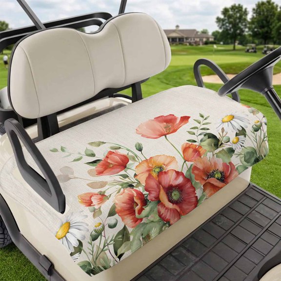 Golf Cart Seat Covers for 2 Seater,Red Poppy Microfiber Cart Seat Towel Blanket,Spring Country Watercolor Daisy Flower Leaf Plant Absorbent NonSlip Bench Seats Protector for Golf Course 51"x31"