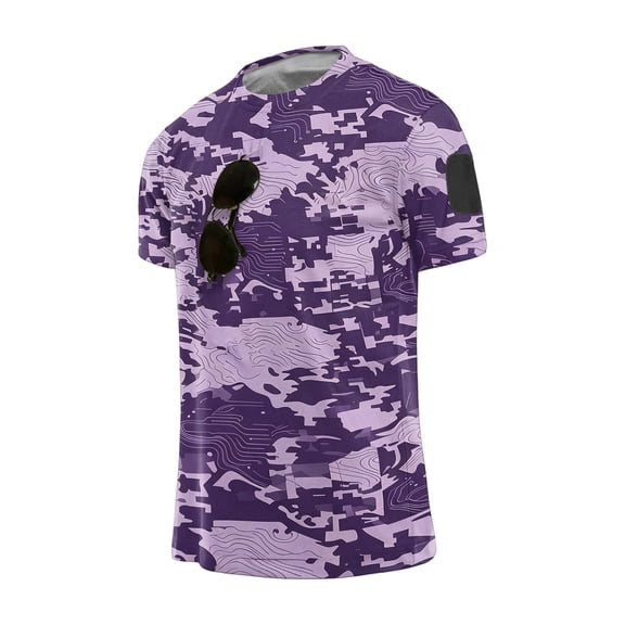 Homeyce Camo Shirt for Men Short Sleeve Button Shirts Summer Lightweight Camouflage T-Shirt Crew Neck Tee Shirts,Purple 3XL