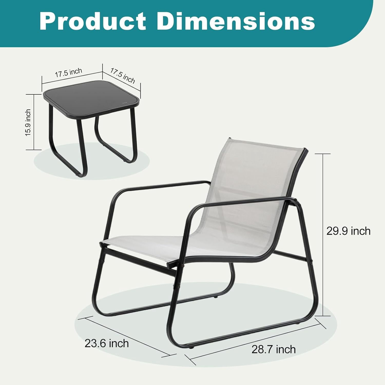 Atilioo 3 Piece Patio Furniture Set, Textilene Outdoor Furniture Set with Chairs & Table, Conversation Set for Lawn, Garden, Balcony, Yard, Poolside, Gray