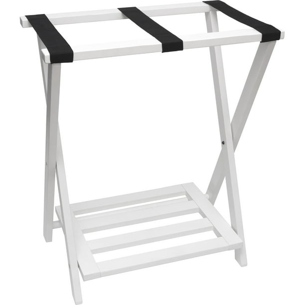 Right Height Folding Luggage Rack with Bottom Shelf, White Finish
