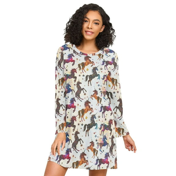 FORMRS Womens Long Sleeve Nightgowns Crew Neck Sleep Shirt Soft Pajamas Sizes S-3XL, Rainbow Stars Pattern