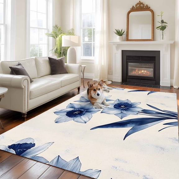 5'x8' Area Rugs, Vintage Blue Floral Indoor Outdoor Area Rug for Living Room Bedroom, Spring Blooms Botanicals Washable Bathroom Rugs Kitchen Floor Carpet Mats Home Decor Aesthetic