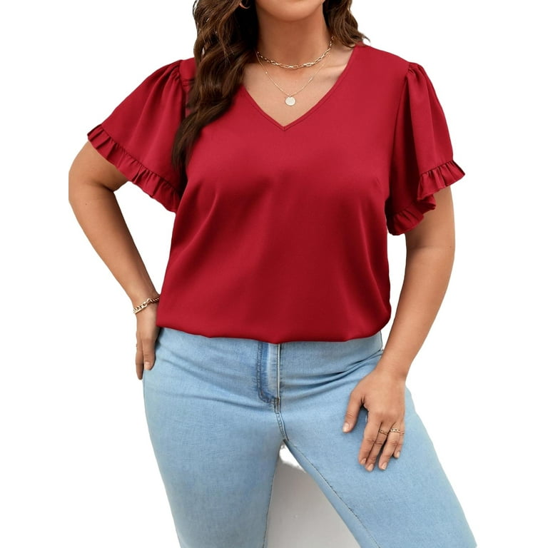 Casual V Neck Top Short Sleeve Red Plus Size Blouses (Women's