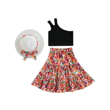 

Wallarenear Baby Girl Summer Boho Dress One Shoulder Crop Tops Floral Pleated Skirt with Hat