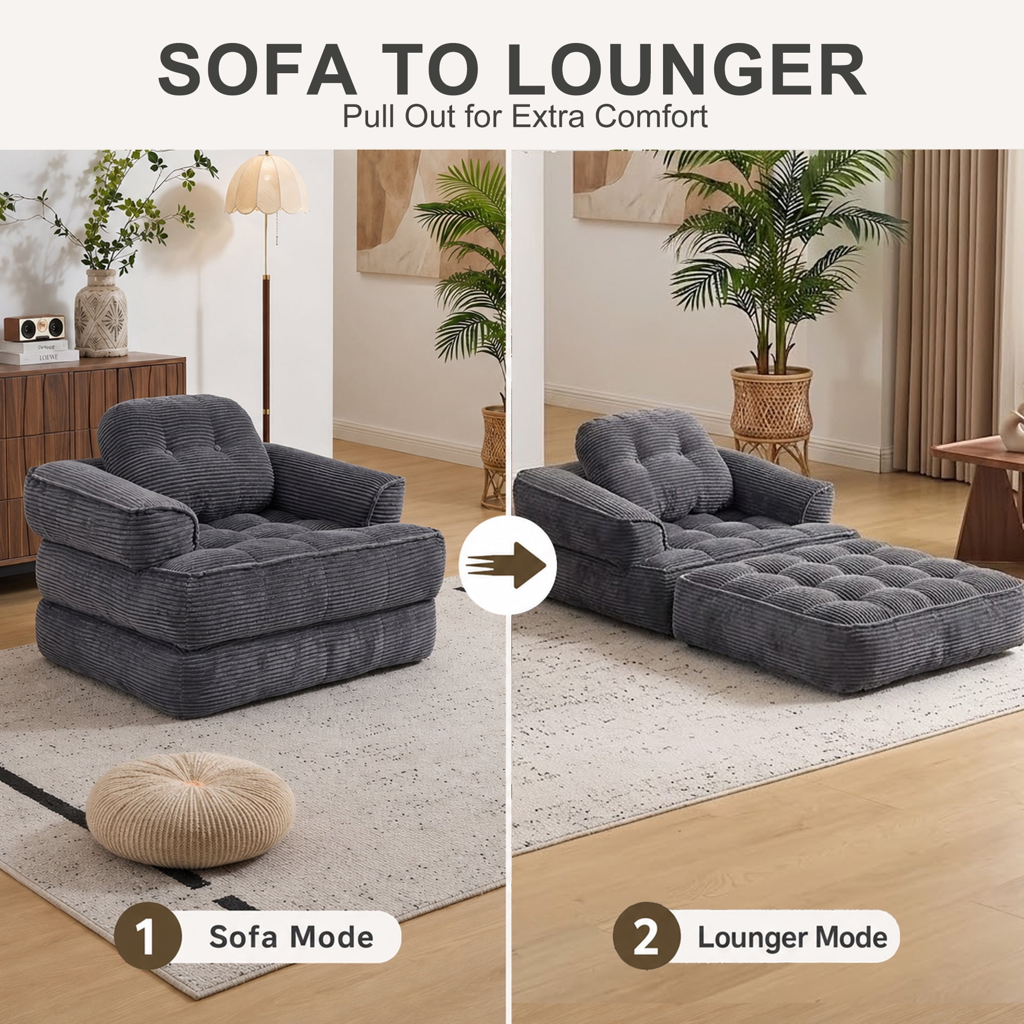 Leumius Folding Sofa Bed, Convertible Sofa Bed with Armrest, Corduroy Boneless Foldable Bed, 2-in-1 Portable Sofa Bed with Pillows for Bedroom, Living Room, Homestay, Game Room Dark Gray