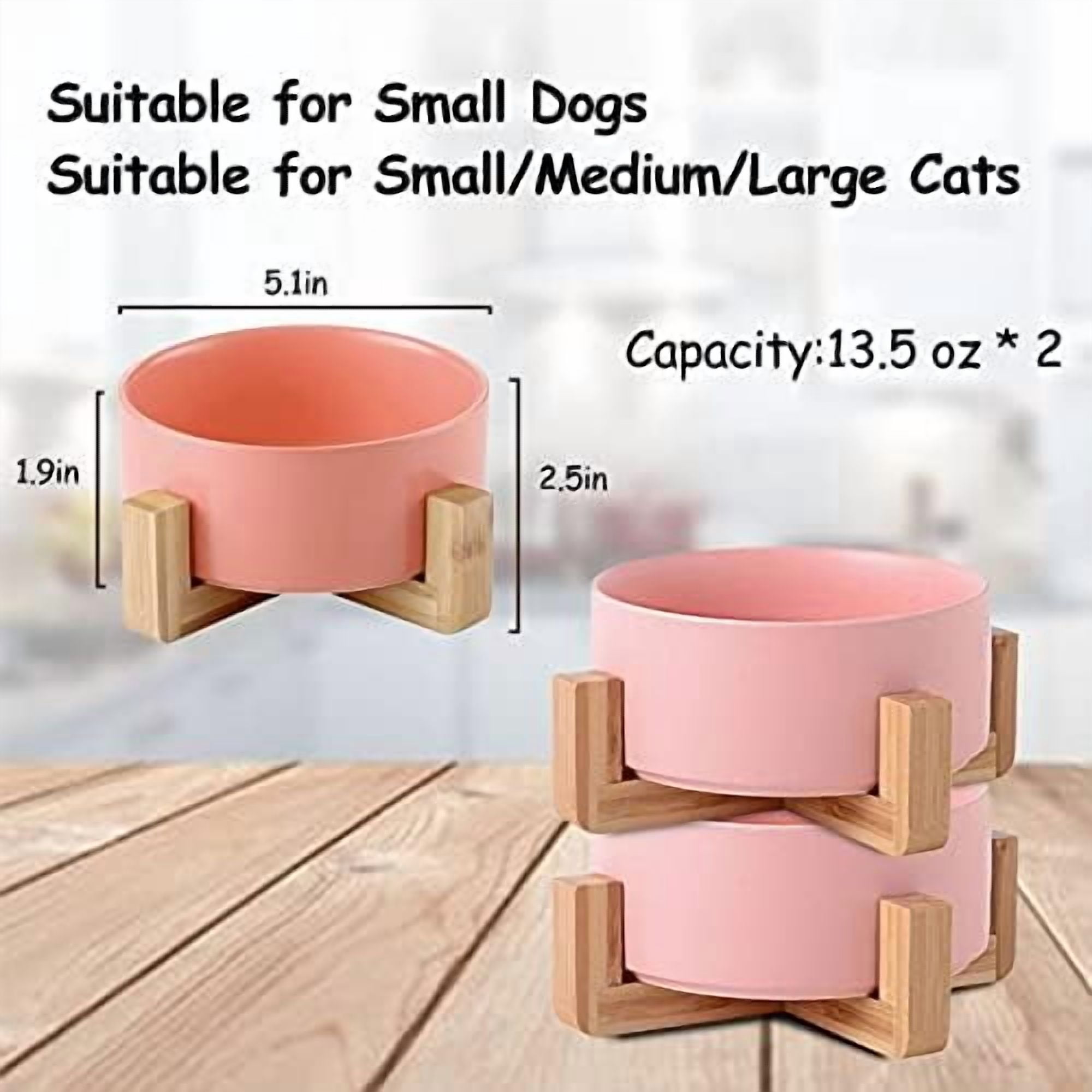 Dog Cat Bowl Ceramic Pink Pet Dish with Stand for Food and Water, Modern Cute Matte Glaze Weighted Pet Bowls Set for Cats & Small Size Dogs 13.5 OZ (5.1In / 1.7 Cups) Pink