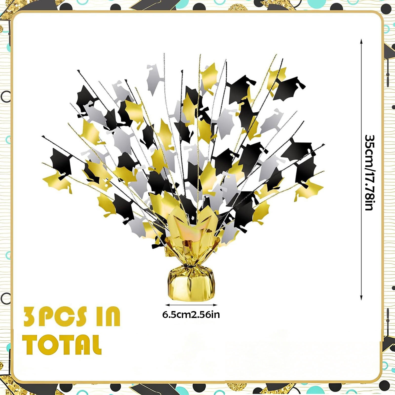 ERTZAE Gold Black Graduation Theme,Classic Elegant Party Supply,Glitter Foil Grad Cap Design,2pc Gold & Black Metallic Grad Cap Table Decorations 18Inch,Glitter Foil Centerpiece for Graduation Party