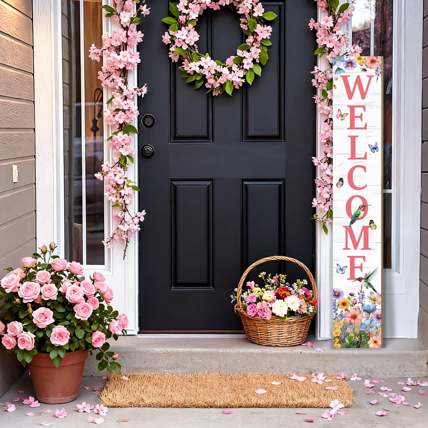 Hummingbird Welcome Sign For Front Door  Spring Porch Tulip Flowers Outdoor Yard Seasonal Tall Floral Wildflowers Wood Garden Patio Wall Home Decor