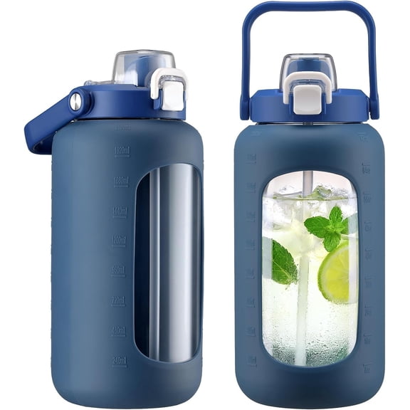 72oz Glass Water Bottle with 2-IN-1 Straw &Chug Lid, Large Motivational Glass Bottle with Capacity Marker and Sleeve, 2.1Liter Gallon Water Jug for , , Gym, -Blue