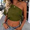 thumbnail image 3 of Women's One Shoulder Tops Short Sleeve Crop Top with Tie Side Textured Breathable Summer Blouse Olive Green M, 3 of 7