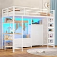 thumbnail image 4 of Loft Bed Twin Size with Desk and Charging Station and LED Lights, Metal Twin Loft Bed with 6 Storage Drawers & Large Pegboard & Coat Rack, Safety Guardrail and Ladder, White, 4 of 10