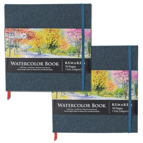 U.S. Art Supply 8.5" x 8.5" Watercolor Book, 2 Pack, 76 Sheets, 110 lb (230 gsm) - Linen-Bound Hardcover Artists Paper Pads - Acid-Free, Cold-Pressed, Brush Painting & Drawing Sketchbook Mixed Media