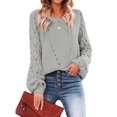thumbnail image 2 of Women Fall Sweaters Crochet Long Sleeve Off the Shoulder Clothes Cute Crewneck Knit Pullover Tops Gray S, 2 of 9