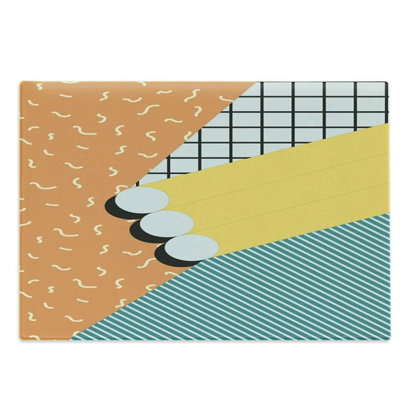 1990s Cutting Board, Vintage Style Abstract Composition Retro Graphic Style Lines Waves, Decorative Tempered Glass Cutting and Serving Board, in 3 Sizes, by Ambesonne