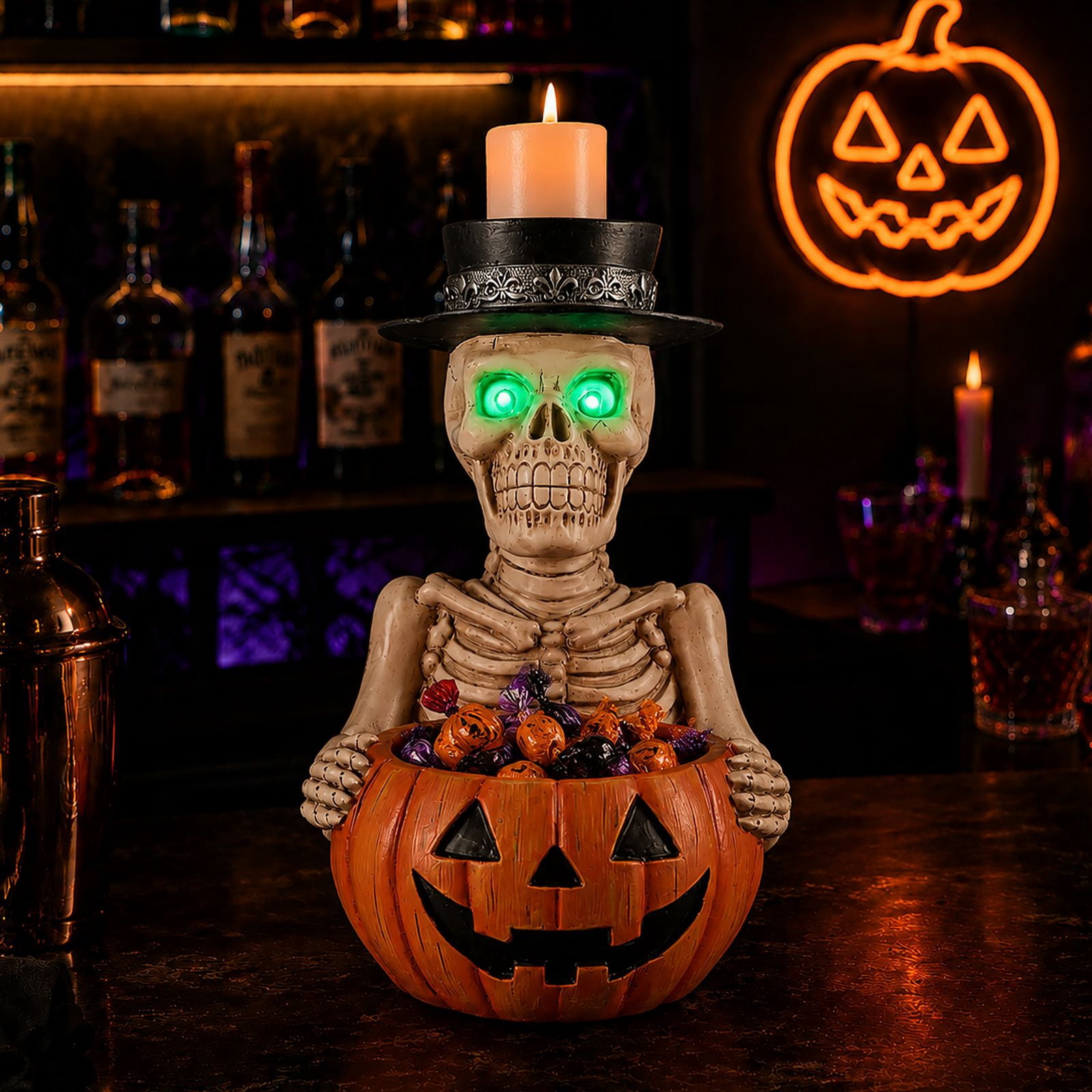 Alvantor Halloween Skeleton Decorations Table Decor with Pumpkin Bowl & Candle Holder