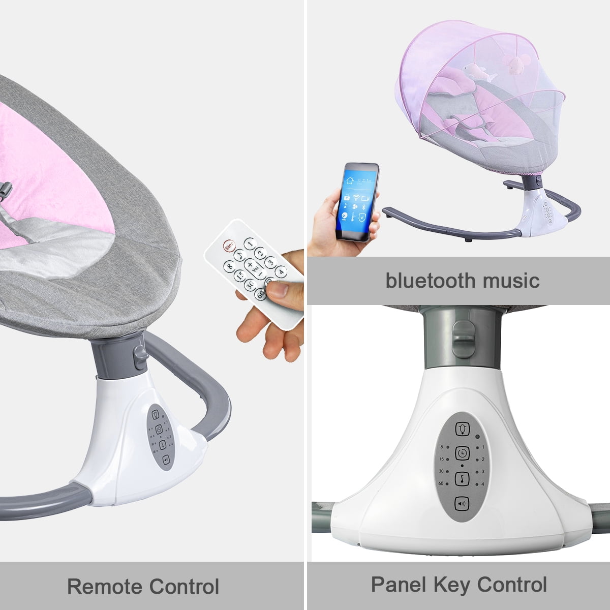 Hurber Electric Baby Swing, Infant Bouncer Chair with Remote Control, Bluetooth Music, 12 Lullabies, 4 Speeds, 4 Timing Set, Unisex, Pink