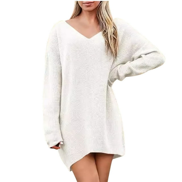 cfhntfmh Robe Chandail Oversize pour Femmes Col en V Manches Longues Tricot Côtelé Décontracté Ample Automne Mode 2024