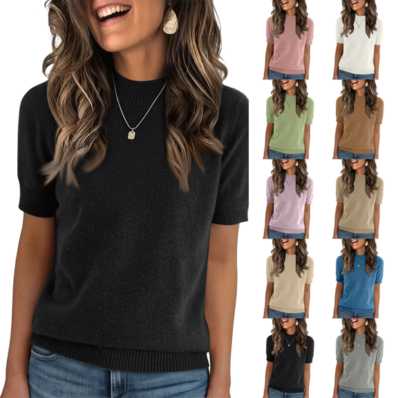 Womens Spring Summer Lightweight Short Sleeve Business Casual Knit Tops Pullover Sweaters Black S