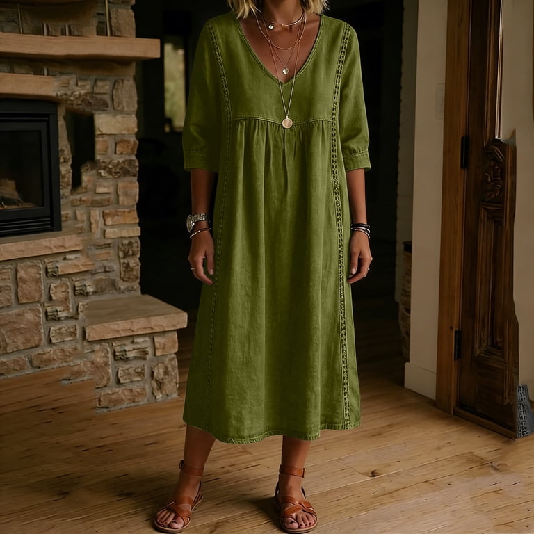 Zivyakyron Cotton Linen Shift Dress for Women Summer Maxi Tent Dressed for Womens Casual V Neck 3/4 Sleeve Vintage Solid Loose Dresses