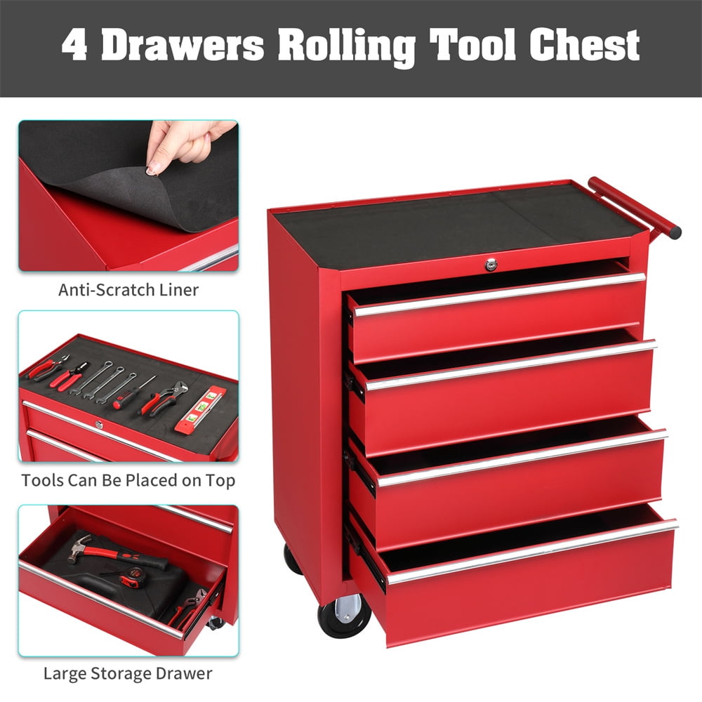 Tcbosik 4-Drawer Tool Chest with Wheels, Heavy Duty Rolling Tool Cabinet, Lockable Tool Organizer for Garage, Warehouse, Repair Shop, Red