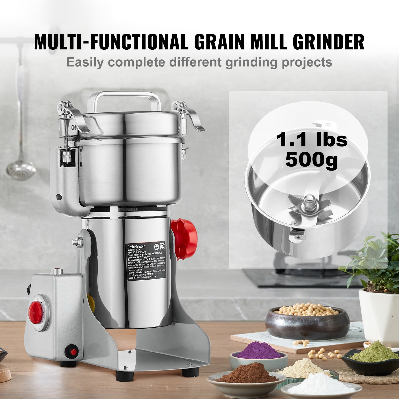 KFFKFF 500g Electric Grinder, 2000W Speedy Grain Mill, Stainless Steel for Dry Ingredients, Spices, Coffee, Corn, Swing Design