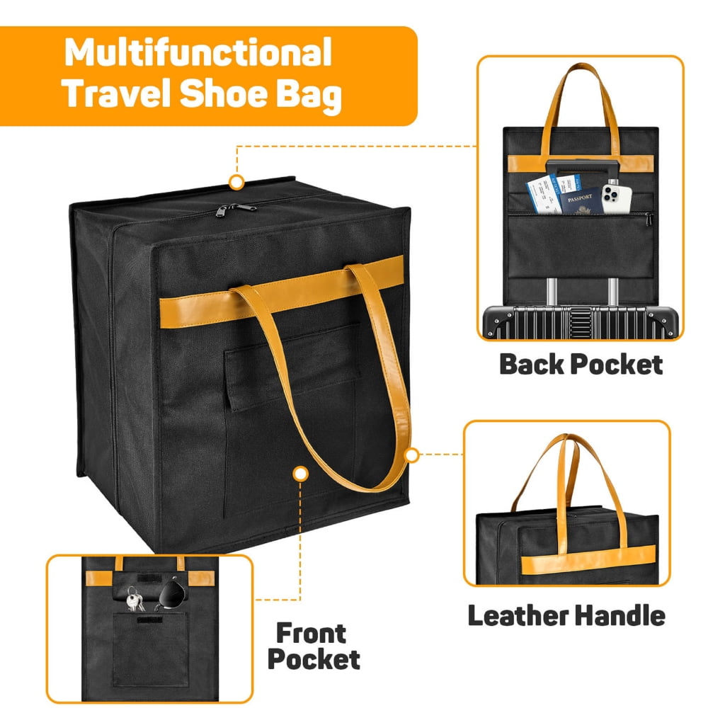 Portable Shoe Bag Including Adjustable and1eatherHandles Designed for Easy Attachment to Luggage
