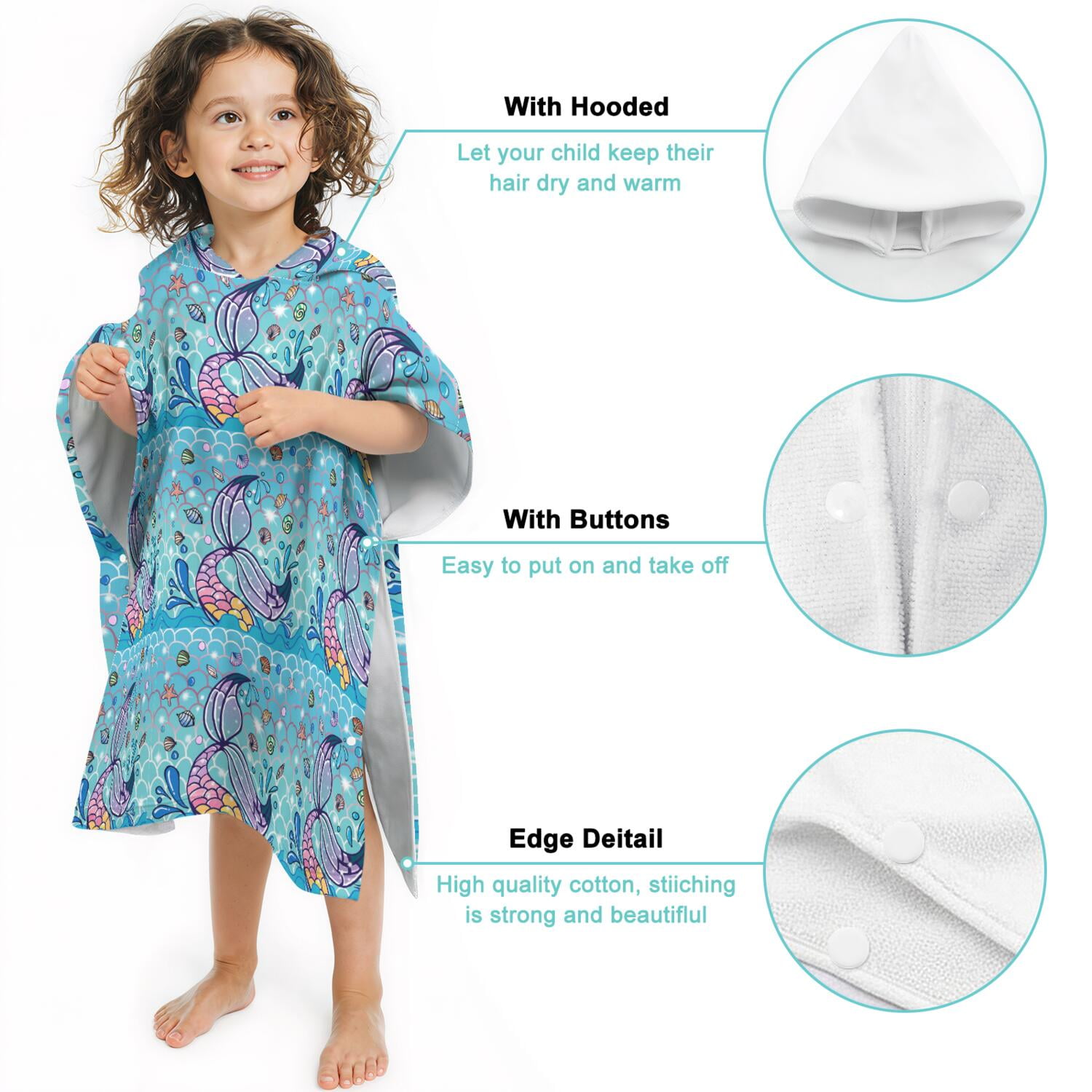 Hooded Kids Beach Towels - Toddler Bath Towel Girls Boys Swimming Cover-ups for Ages 2 to 6 Kids Pool Towels Quick Dry Lightweight Soft Microfiber Poncho Towel 28x28 (Mermaid Seashell)