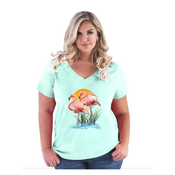NIB - Women's Plus Size V-neck T-Shirt - Flamingo
