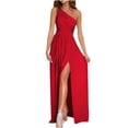 thumbnail image 2 of Elainilye Fashion Prom Dress for Women Summer Solid Slimming Split One Shoulder Asymmetrical Evening Dress Prom Dress,Red, 2 of 8