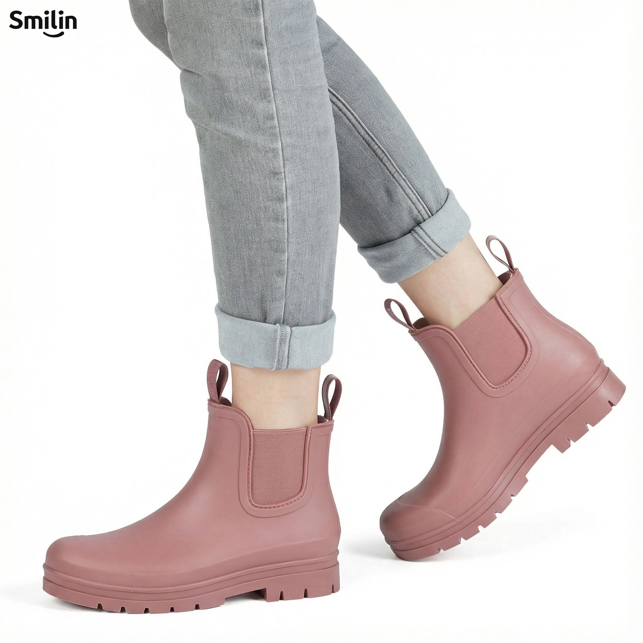 SMILIN Short Ankle Rain Boots for Women, Chelsea Waterproof Anti Slip Garden Shoes with Insole, Pink, Size 8