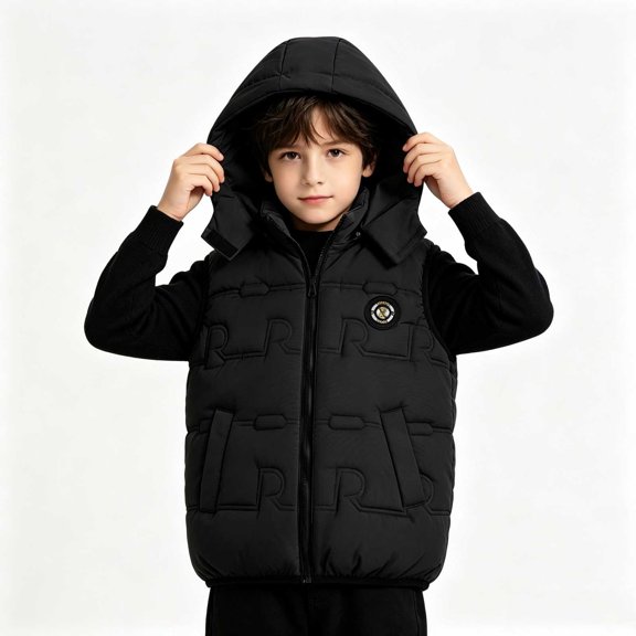 CYRBOKO Boys Puffer Vests, Thermal Full Zip Sleeveless Winter Hooded Outerwear with Pockets Black Size 9-10 T