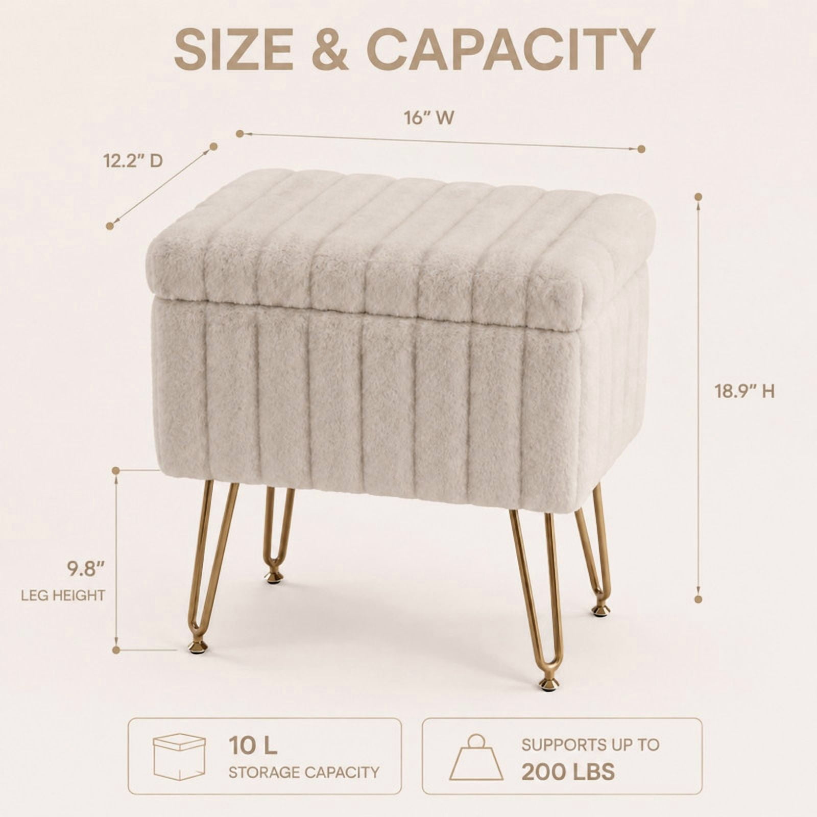 BEAUTYPEAK Vanity Stool with Storage Faux Fur Padded Makeup Ottoman with Gold Metal Legs and Adjustable Feet 18.9" Footstool, Camel