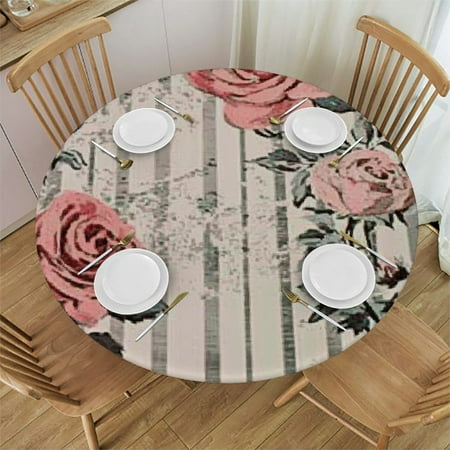 

SHERONV Roses Stripes Round Tablecloth Stain-Resistant Washable 42 -46