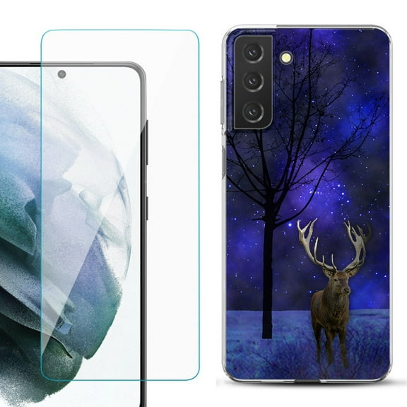 Slim-Fit TPU Fashion Phone Case for Samsung Galaxy S21 FE 5G Fan Edition, with Tempered Glass Screen Protector, by OneToughShield ® - Midnight Deer