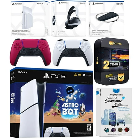 Sony PlayStation 5 Astro Bot Slim Digital Bundle with Disc Drive, Pulse Elite Headset, Extra Controller, Vertical Stand, MightySkins Voucher and 2 Year Extended Warranty - Cosmic Red