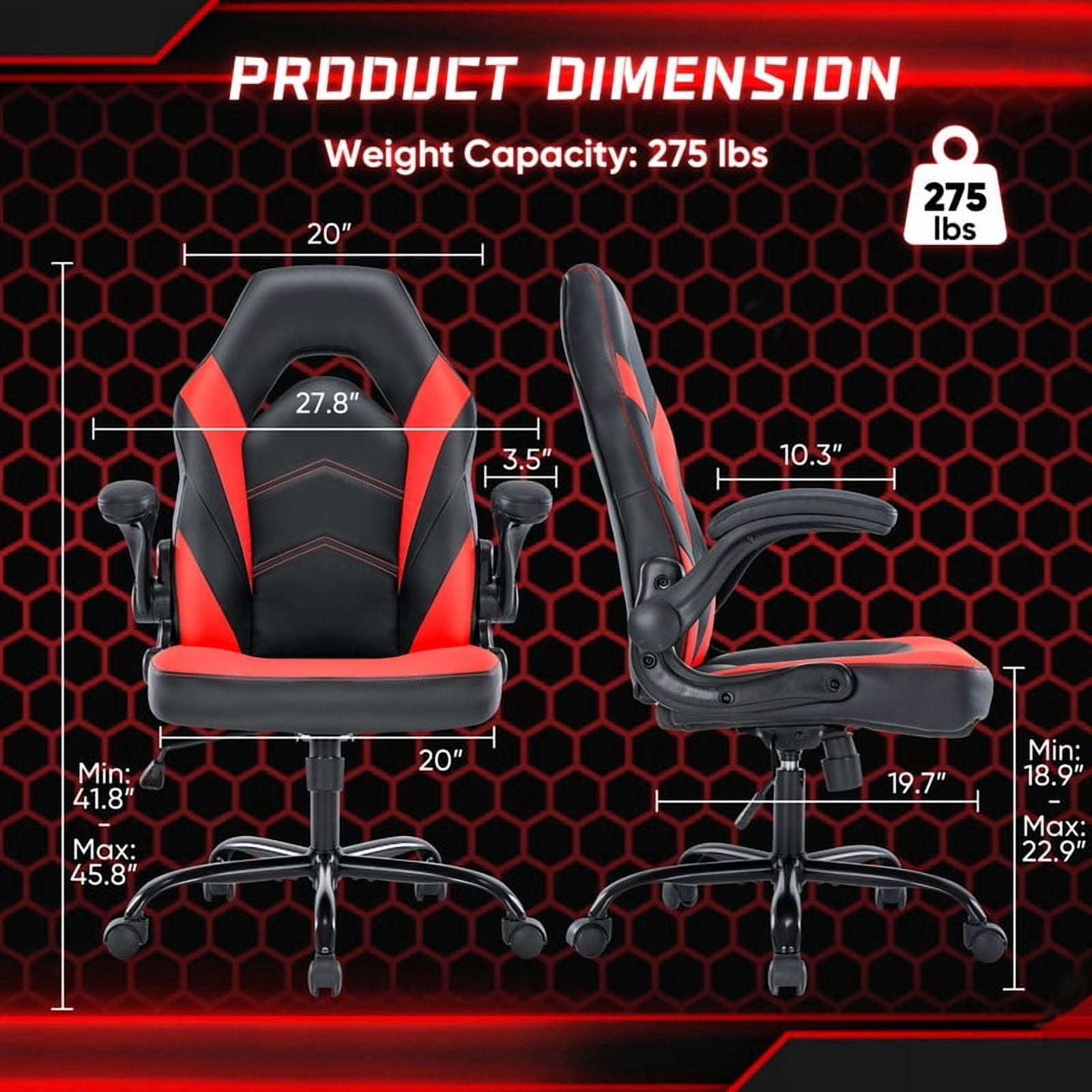 Gianna Ergonomic Computer Gaming Chair with Flip-up Armrest, Height Adjustable PU Leather Home Office Desk Chair with Lumbar Support Swivel Wheels and for Adults，Black Red