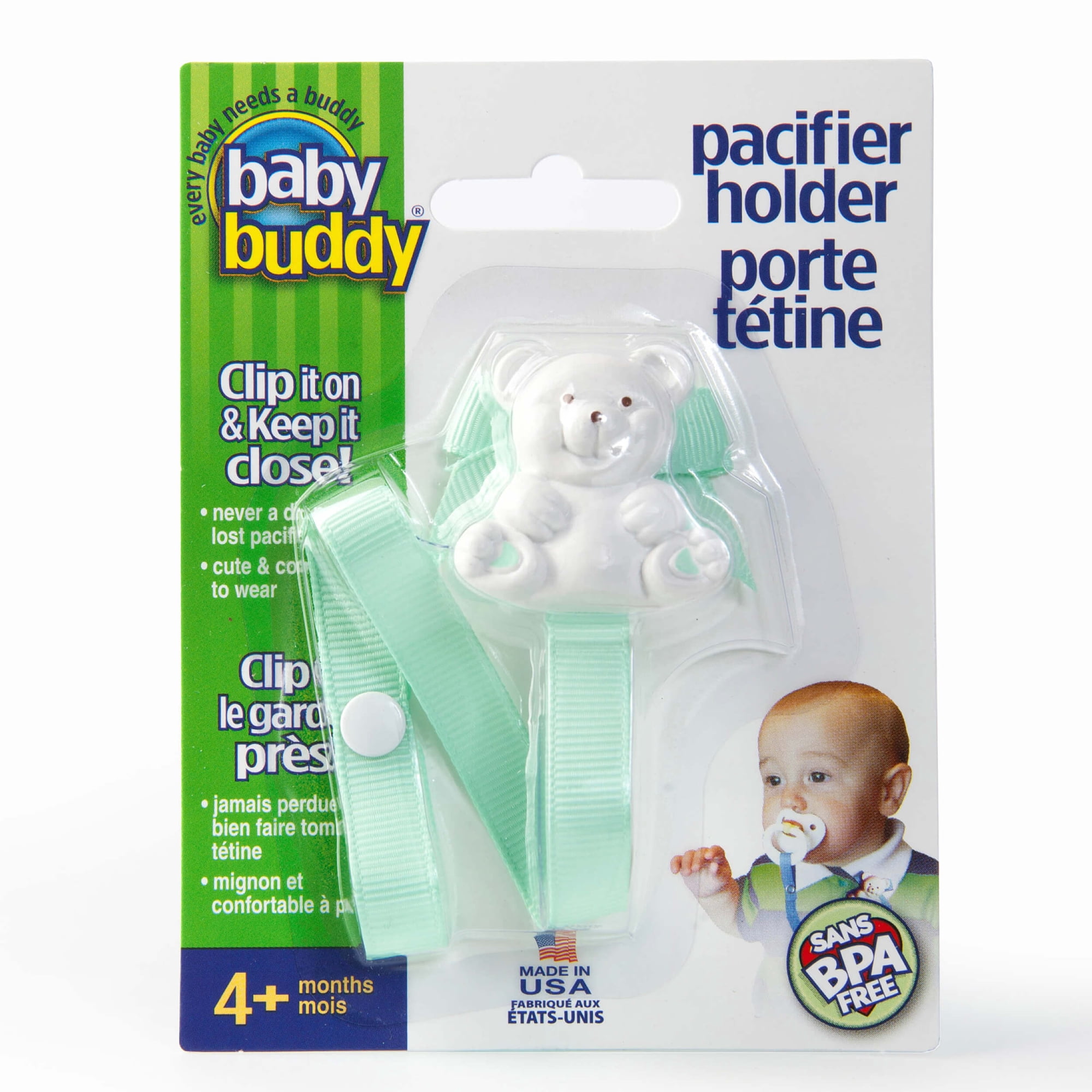 Baby Buddy Pacifier Holder Clip- Cute Fashionable Bear Clips onto Babys Shirt, Snaps to Paci, Teether, Toys, Mint, 1pk