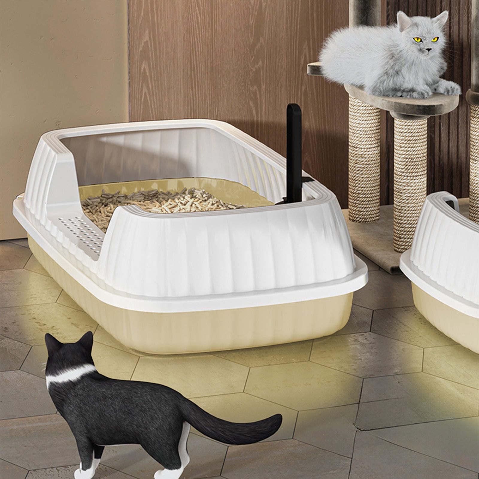 SHENGXINY 2PCS Cat Litter Boxes,Semi Enclosed High Bar Litter Box with Splashs Proof Designs ,Provides Ample Space for Cats Includes Shovel for Kittens White 14.37x10.63x5.31in