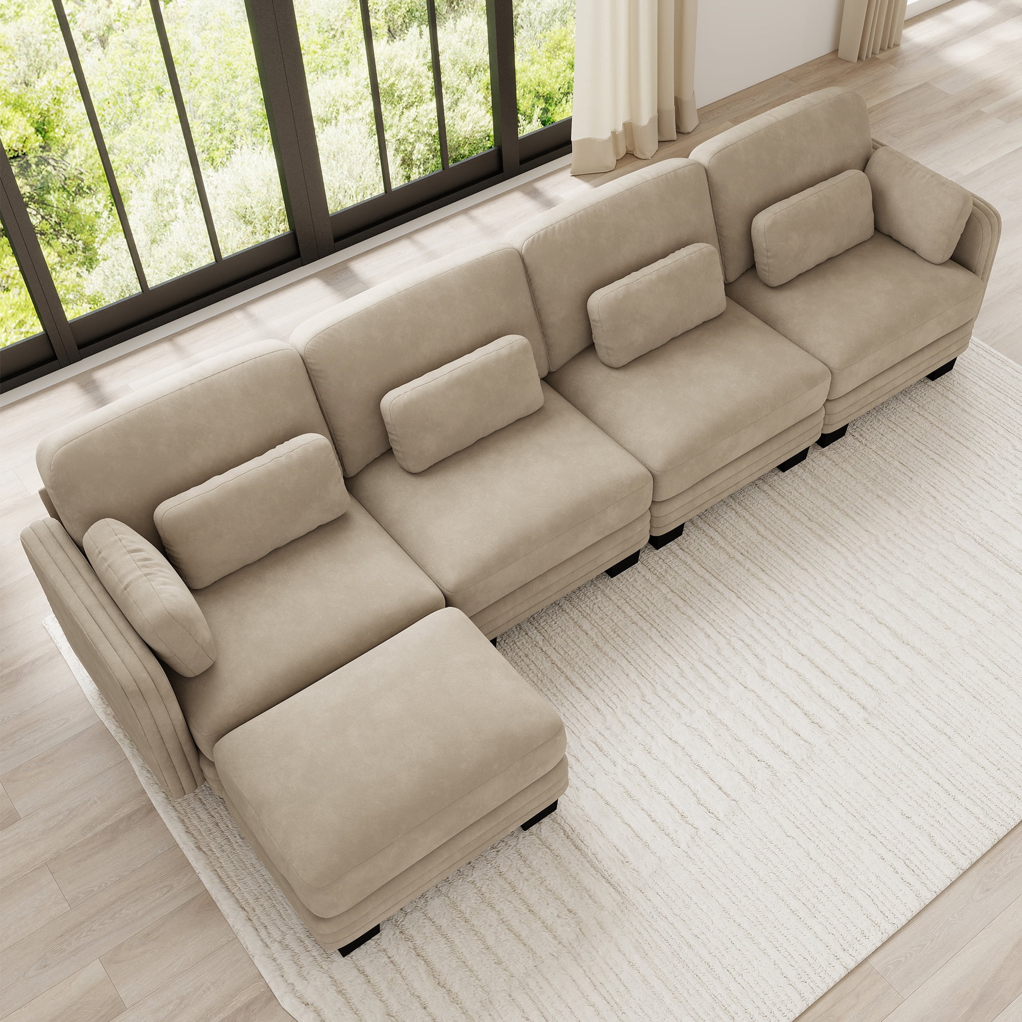 130" L Shape Modern Modular Sectional 4 Seater Sofa Couch with Movable Ottoman and 6 Pillows