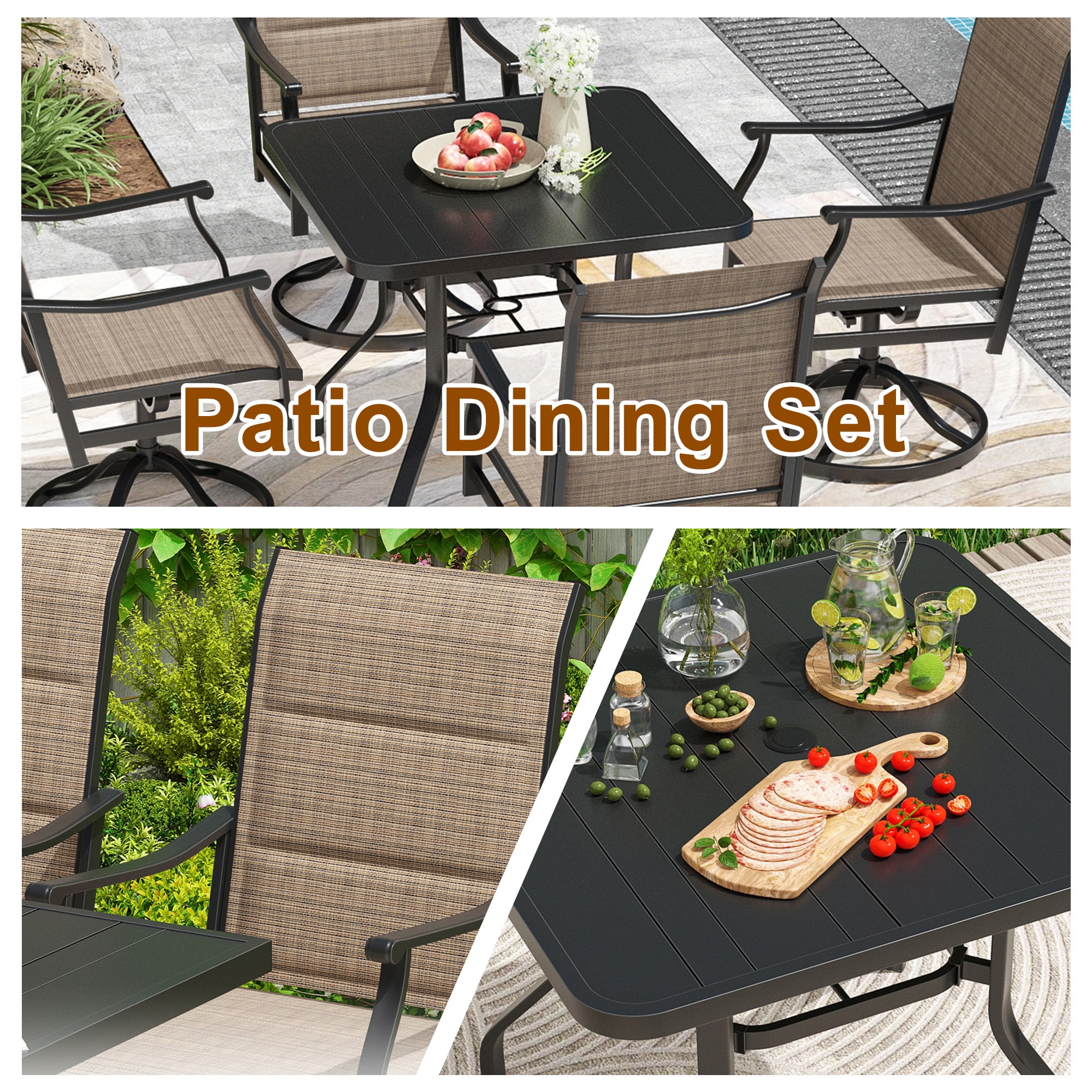 MAYEERTY 5-Piece Patio Dining Set:1 Black Square Table with 1.57" Umbrella Hole & 4 Brown Swivel Paded Textilene Chairs