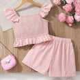 thumbnail image 3 of Huowey Girls Summer Outfit Solid Color Smocked Ruffles Sleeveless Square Collar Tan Top Elastic Waist Cute Bow Shorts Two Piece Cozy Breathable Spring Travel Clothes Tracksuit,Pink,11-12 Years, 3 of 8