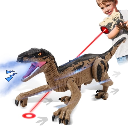 Remote Control Dinosaur Toys, RC Jurassic Velociraptor Toys, Light Chasing Dinosaur Toys with Water Mist Spray & LED Light Roaring Walking RC Dinosaur Robot Toys Model for Gifts