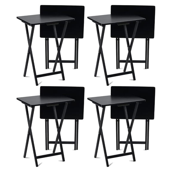 LILEYI Conventional Solid and Sturdy Wood Construction Portable Folding TV Snack Tray Table Desk Serving Stand, Black (8-Piece Set)