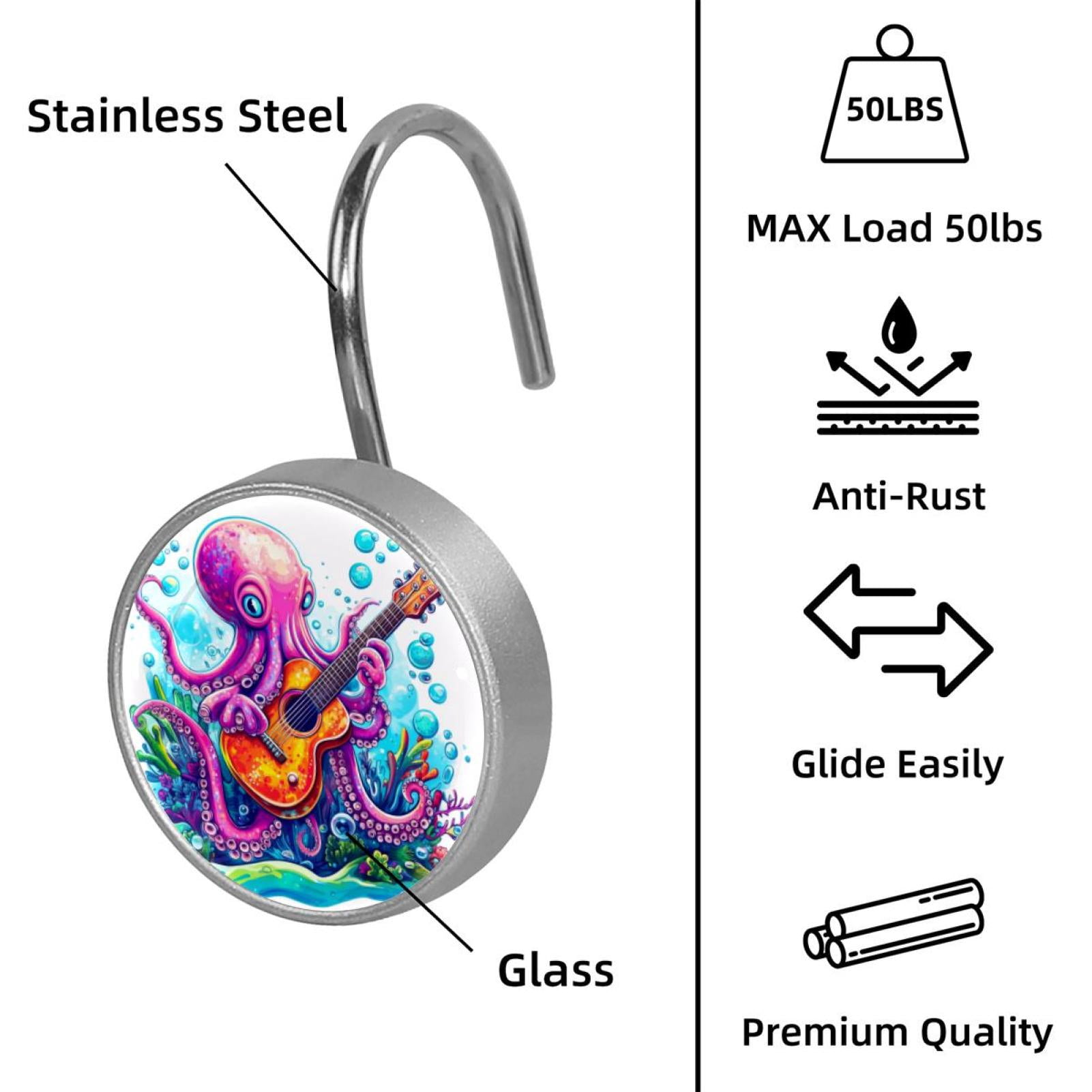 12pcs Decorative Shower Curtain Hooks, Rust Resistant Shower Rings for Bathroom Living Room,Rustproof Stainless Steel Rings for Shower Curtain and Liner Rods,Guitar Octopus