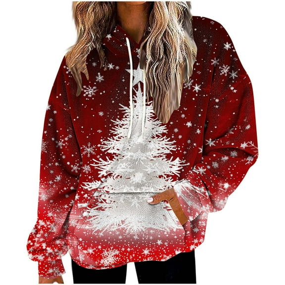 Lorytime Hoodies for Women Fleece Christmas Tree Print Sweatshirt Long Sleeve Pullover with Pocket Loose Tops