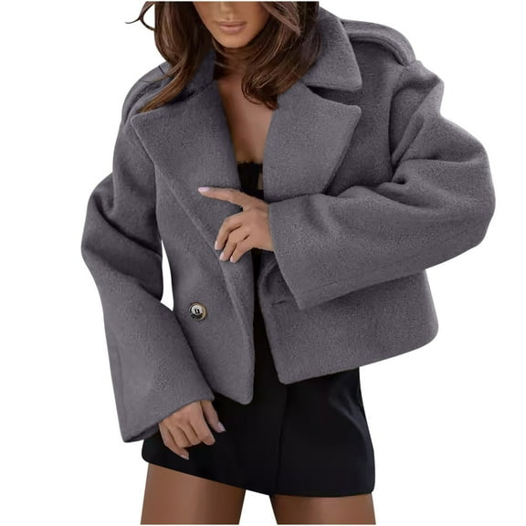 jtjvou Women Crop Pea Coat Wool Blend Office Work Lapel Collar Short Winter Jacket Trench Coat Gray L
