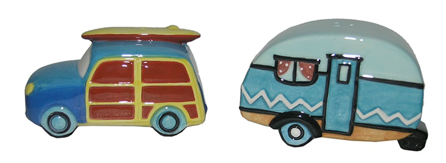 Woody Beach Car with Surfboard and Camper Salt and Pepper Shakers - Walmart...