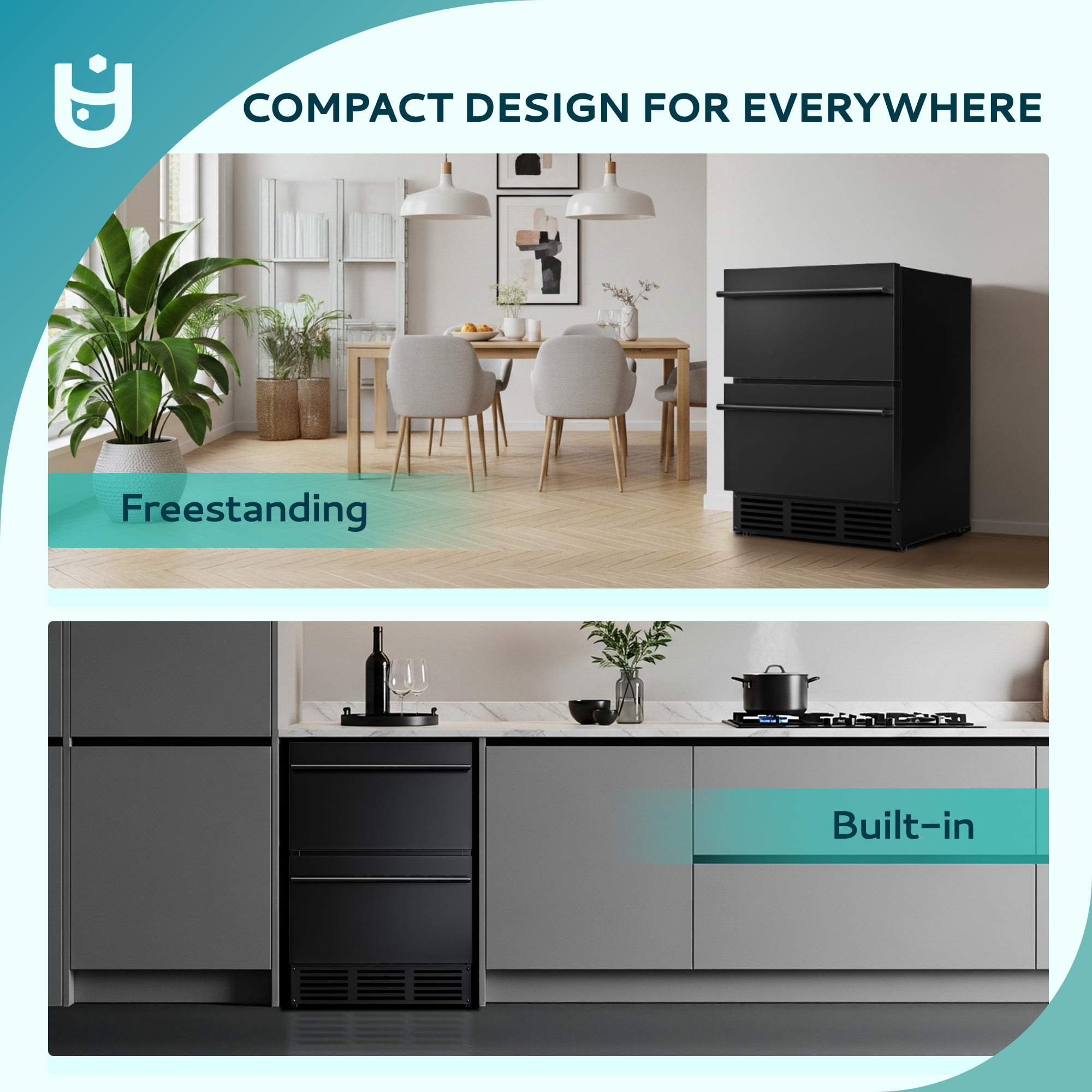 EUHOMY 23.5 Inch Under Counter Double Drawer Fridge, Weather Proof Stainless Steel Outdoor Beverage Refrigerator for Patio, Built-in Beverage Fridge