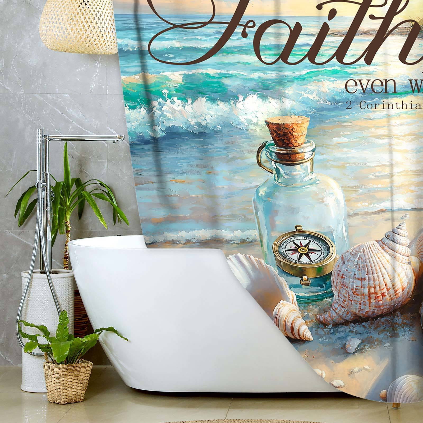 Beach Coastal Shower Curtain, Ocean Nautical Lighthouse Shower Curtain Set, Shells Drifting Bottles Seagulls Compass Decor Shower Curtain for Bathroom Polyester with 12 Hooks,60X70in